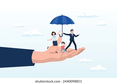 Lovely family with husband, wife and kids in supporting hand with umbrella cover protection, life insurance, family protection to assure members will be financially supported and risk cover (Vector)