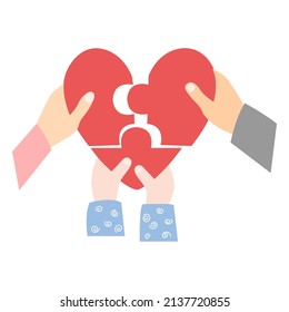 Lovely family make up puzzle heart. Loving mom, dad, and child hands holding pieces of heart. Vector illustration, isolated on white