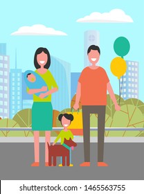 Lovely family mother, father, newborn boy and daughter with favorite pet walking together in city park, buildings and houses on background. Vector parents and kids. Flat cartoon