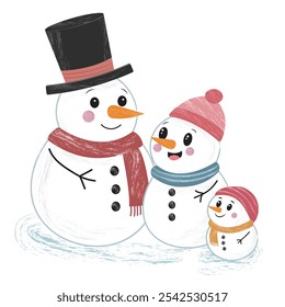 Una encantadora familia de muñecos de nieve. Papá, mamá y niño aislados en un fondo blanco. Concepto de diseño de Navidades.  Ilustración vectorial. Se puede utilizar en el Diseño web, las redes sociales y la publicidad.
