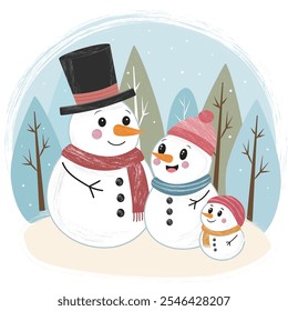 Una encantadora familia de muñecos de nieve. Papá, mamá e hijo en el bosque de invierno. Concepto de diseño de Navidades.  Ilustración vectorial. Se puede utilizar en el Diseño web, las redes sociales y la publicidad.