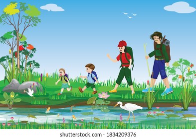 lovely family walking in forest vector design