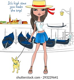 Lovely fashion girl  in the hat like Gondolier wih dog on a Venice background in sketch-style 