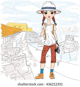 Lovely fashion girl traveler in white hat with photo camera in the port of Heraklion, Crete, in sketch-style.