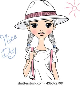 Lovely fashion girl traveler in white hat in sketch-style.