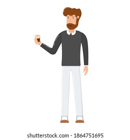 Lovely fashion man hold coffee cup package, coronavirus social distance cartoon vector illustration, isolated on white. Concept happy fashion male break time, person relax drink tea.