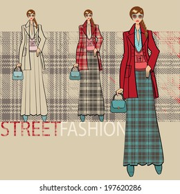 Lovely Fashionable girl in suit long skirt.Options ensemble service. Sketch of model.Vector Fashion illustration. 