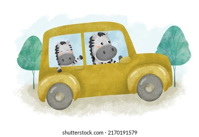 The lovely father and son zebras driving car travel in forest on summer,  cartoon character watercolor painting style, vector illustration