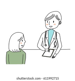 Lovely female doctor explaining health issue regarding diagnosis and medical treatment to female patient. Vector illustration with hand-drawn style.