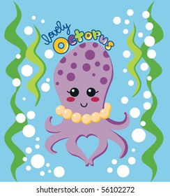 Lovely female octopus with pearl necklace swimming between seaweed underwater and making a heart shape with two arms