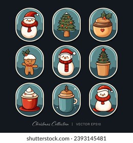 Lovely festive Christmas decoration element set including snowman, Christmas tree and drink vector design in round frames 