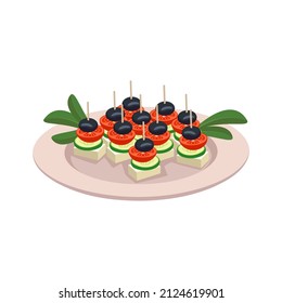 Lovely fingerfood with cheese, tomato, cucumber and olives. Festive appetizer, party food decoration. Useful snack. Vector flat illustration