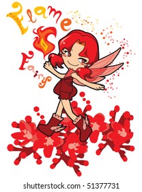 Lovely flame fairy making hot fire magic walking over red flowers