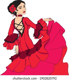 Lovely flamenco dancer waves her red dress while dancing