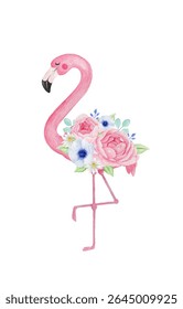 Lovely flamingo with beautiful flower bouquet, watercolor illustration