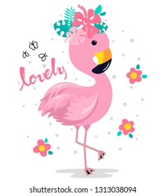 Lovely flamingo with tropical flowers isolated on white background illustration vector.