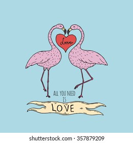 Lovely flamingos, hand drawn vector illustration.