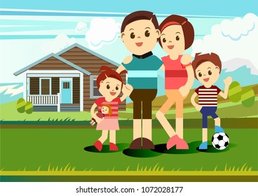 Lovely flat Cartoon Vector illustration happy family group in garden in front of house.