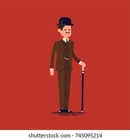 Lovely flat character design on posh english gentleman with cane wearing brown tweed costume and bowler