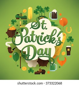 Lovely flat design circle composition with lettering title on Saint Patrick's Day featuring Ireland flag, harp, clover leaves, leprechaun hat, red beard, pot of gold, rainbow, balloons and more