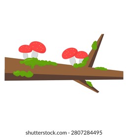 A lovely flat design digital illustration showcasing a fallen old tree branch or log lying horizontally. The weathered wood is decorated with patches of bright green moss and small pinkish-red mushrooms sprouting upward, making it an excellent nature asset for forest scenery, fairy tale backdrops, and woodland landscape designs.