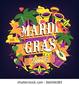 Lovely flat design element on Mardi Gras or Fat Tuesday carnival celebration event featuring drums, horns, masks, maracas and other festival party items