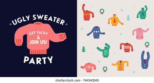 Lovely flat design elements on 'Ugly Sweater Party'. Ideal for winter holiday season party events and gatherings invitations, flyers, posters and cards