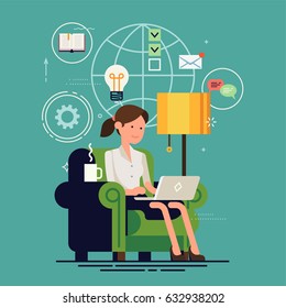 Lovely flat design illustration on young lady working at home sitting in armchair with laptop and hot beverage with abstract business background