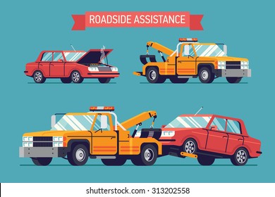 Lovely flat design road assistance illustration with wrecked car standing with opened hood and smoke and yellow crane towing wrecker truck 