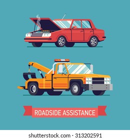 Lovely flat design transportation illustration on broken red classic sedan with opened hood and smoke, yellow crane towing wrecker truck