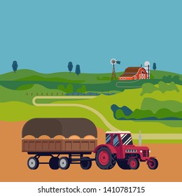 Lovely flat design vector illustration on farming and agriculture with a tractor carting fully loaded trailer of straw, hay or silage with red barn and green fields on background