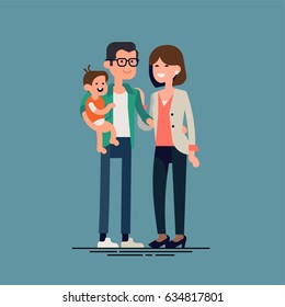 Lovely flat design vector illustration on young caucasian family. Man, woman and small baby standing together. Husband and wife holding toddler. Parents with child. Heterosexual couple with baby