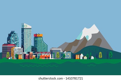 Lovely flat design vector landscape with city and huge mountain in the distance. City limits, urbanization and development concept illustration with growing city