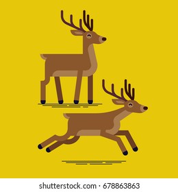 Lovely flat design vector reindeer standing and running. Cute cartoon animal illustration. Minimalistic happy deer mascot isolated