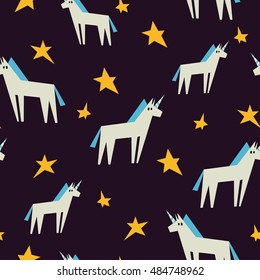 Lovely flat pattern with unicorns and stars. It can be used for printing on fabric, children's wallpaper and background for the blog.