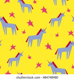 Lovely flat pattern with unicorns and stars. It can be used for printing on fabric, children's wallpaper and background for the blog.