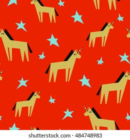 Lovely flat pattern with unicorns and stars. It can be used for printing on fabric, children's wallpaper and background for the blog.
