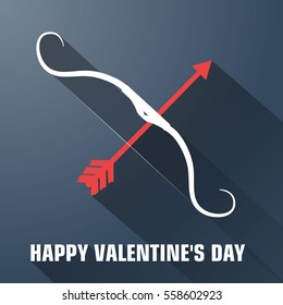 Lovely flat template with cupid white bow and red arrow on dark background vector illustration