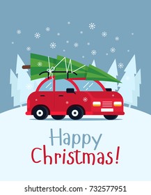 Lovely flat vector design in Christmas eve with little classic red car carrying Christmas tree on its rack. Ideal for Christmas holidays cards, posters, banners and other graphic and web design. Flat.