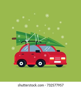 Lovely flat vector design in Christmas eve with little classic red car carrying Christmas tree on its rack. Ideal for Christmas holidays cards, posters, banners and other graphic and web design. Flat.