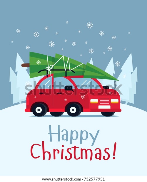 Lovely flat vector design in Christmas eve with\
little classic red car carrying Christmas tree on its rack. Ideal\
for Christmas holidays cards, posters, banners and other graphic\
and web design. Flat.