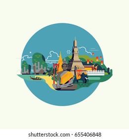 Lovely flat vector design on oriental touristic destination. Asian travel Thailand decorative landscape with landmarks and highlights