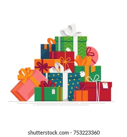 Lovely flat vector festive holiday design element on stack or pile of large variety of gift boxes and present packages. Ideal for Christmas themed web and graphic design