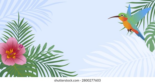 Lovely flat vector horizontal banner featuring a little colorful hummingbird hovering near a blooming pink hibiscus flower surrounded by lush green palm and monstera leaves. Vector illustration