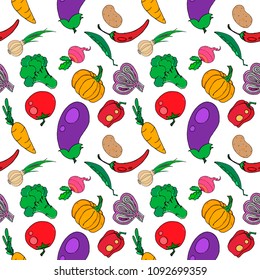 Lovely flat vector seamless pattern with fresh flat vegetables. Healthy lifestyle background.
