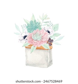 Lovely floral bouquet with succulent and anemone flower, Watercolor floral illustration
