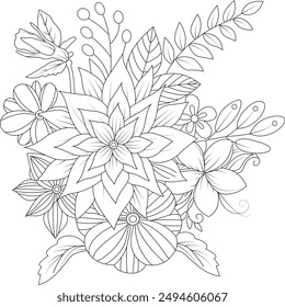 Preciosa Imagen de Vector floral y florido. Este dibujo de contorno negro es ideal para una página para colorear o un libro para colorear para adultos.