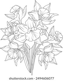 Preciosa Imagen de Vector floral y florido. Este dibujo de contorno negro es ideal para una página para colorear o un libro para colorear para adultos.