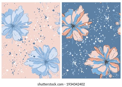 Lovely Floral Irregular Seamless Vector Patterns. Blue Hand Drawn Flowers on a Pastel Pink Background. Romantc Garden Print with Pink Flowers on a Dark Blue Layout.