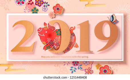 Lovely floral piggy jumps through number 2019 to celebrate new year's coming, paper art style